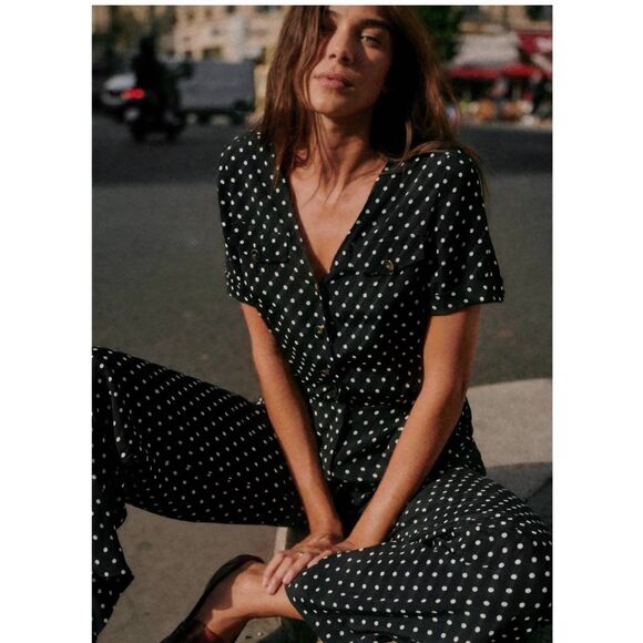 Sezane Rayan jumpsuit black white polka dots short sleeves button size 36 (US 4) - Picture 1 of 5
